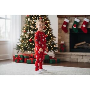 Kids Old Navy Red Polar Bear Skiing Pajama Set Size 2T Long Sleeve Pants